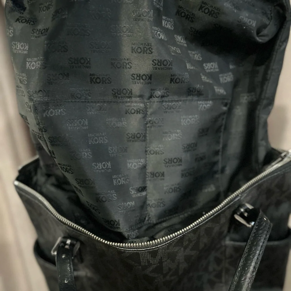 Michael Kors Black Tote Bag with MK logo throughout bag. - Picture 6 of 16
